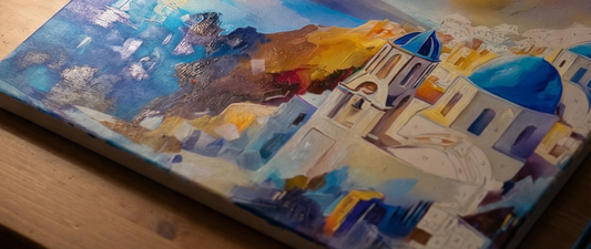 Paint by numbers canvas in progress on a wooden table with warm lighting, showing partially completed sections and painting tools nearby