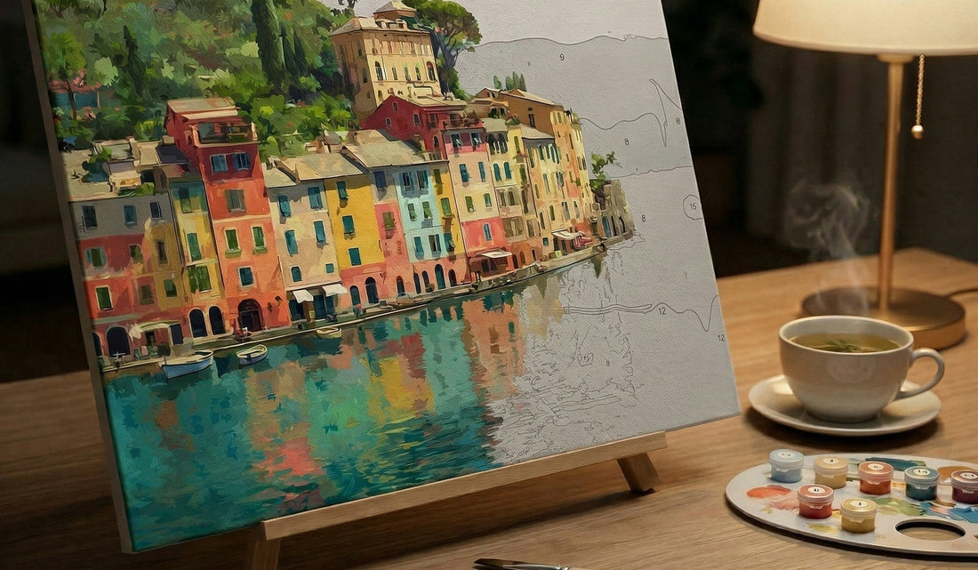 Paint by numbers canvas in progress with visible brush strokes and soft warm lighting in a cozy setting