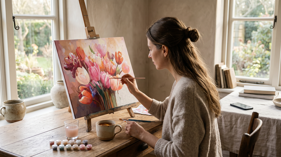 Woman painting a paint by numbers canvas