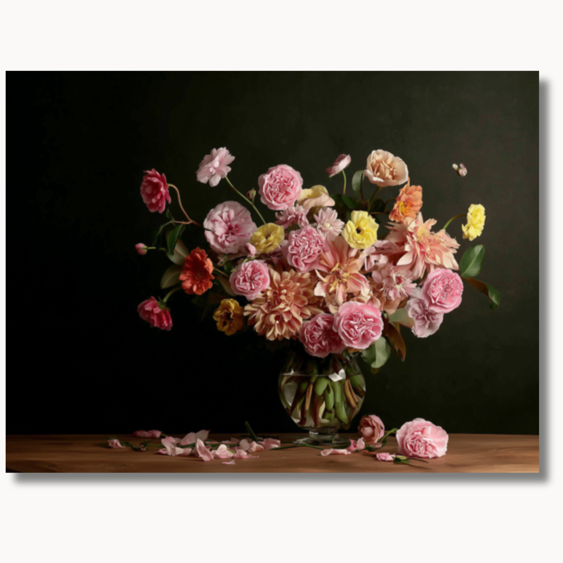 Romantic blush and peach garden roses in a dark still life arrangement paint by numbers design