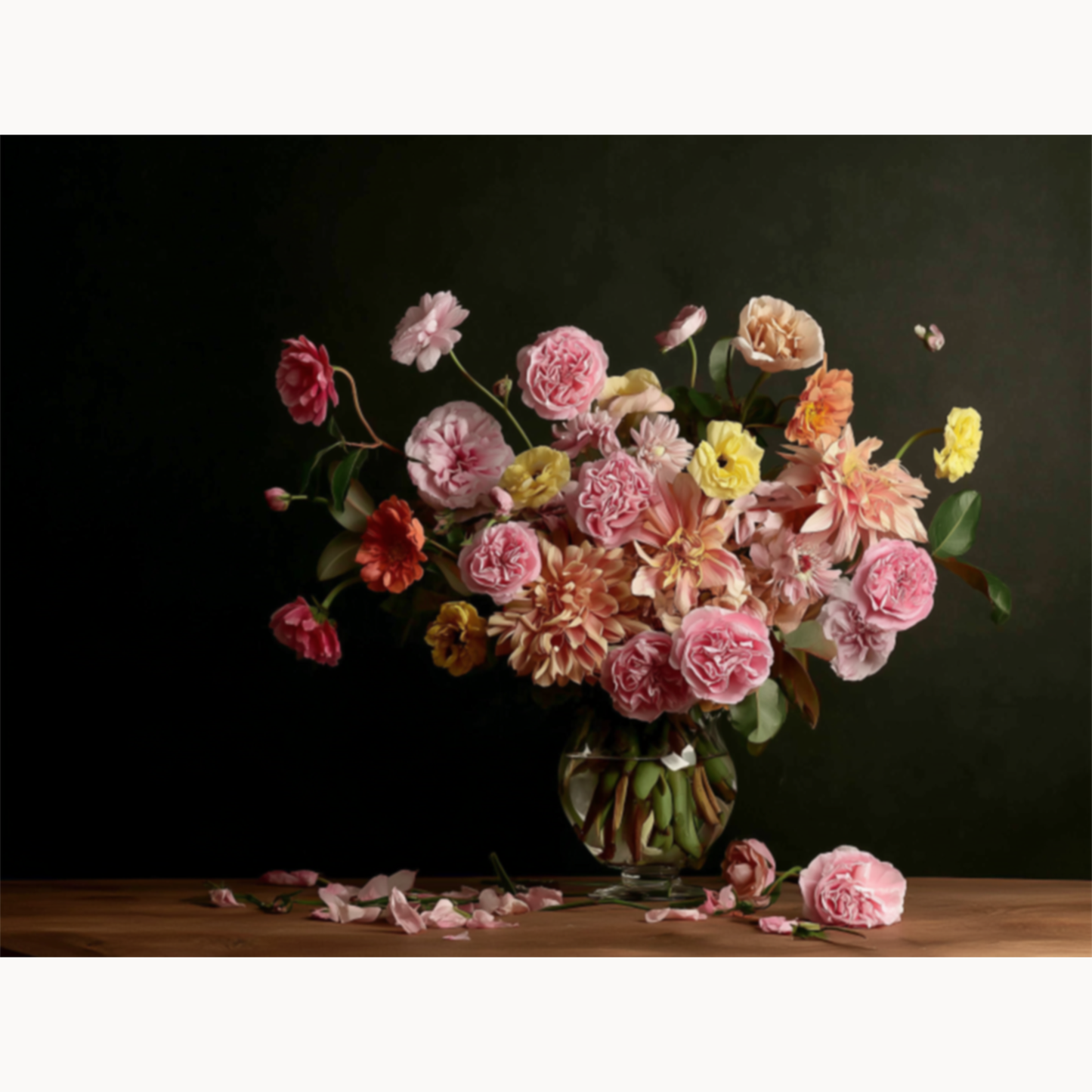 Romantic blush and peach garden roses in a dark still life arrangement paint by numbers design