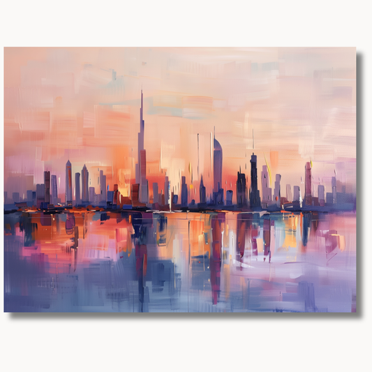 Dubai skyline at sunset with Burj Khalifa reflected in warm coral and indigo waters paint by numbers design