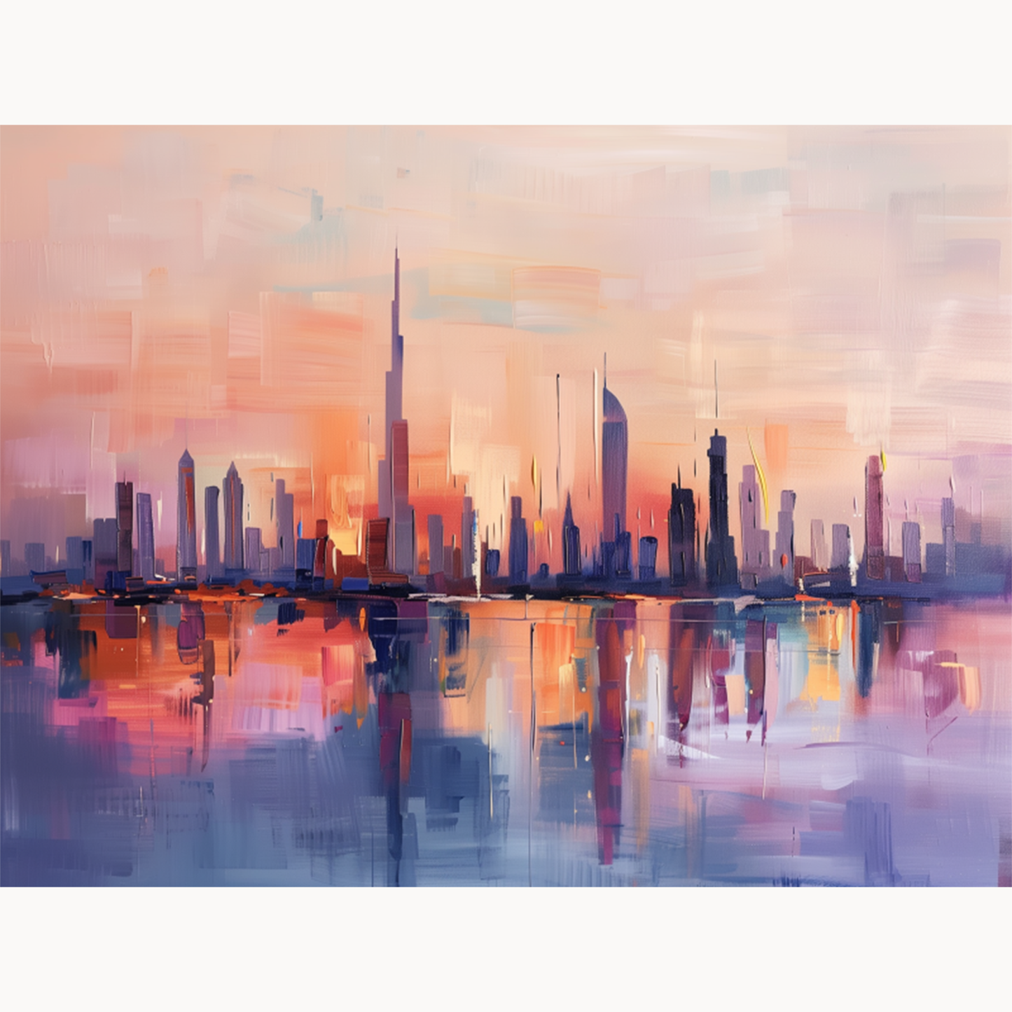 Dubai skyline at sunset with Burj Khalifa reflected in warm coral and indigo waters paint by numbers design
