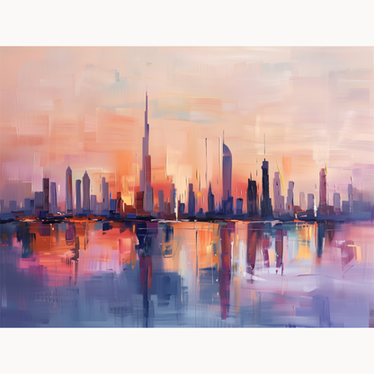 Dubai skyline at sunset with Burj Khalifa reflected in warm coral and indigo waters paint by numbers design