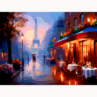 Romantic Paris evening scene with couple under umbrella near the Eiffel Tower paint by numbers design