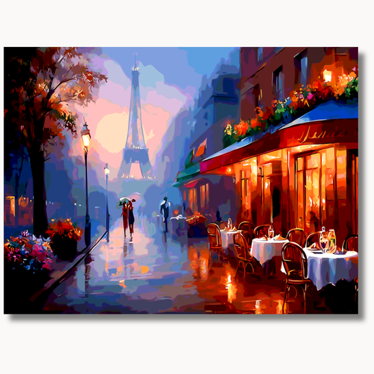 Romantic Paris evening scene with couple under umbrella near the Eiffel Tower paint by numbers design