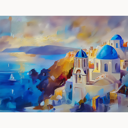 Santorini blue domes overlooking the caldera at sunset paint by numbers design