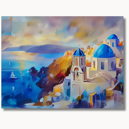 Santorini blue domes overlooking the caldera at sunset paint by numbers design
