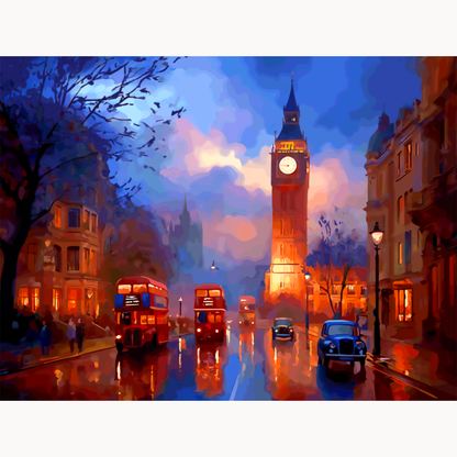 Paint by numbers London street scene with Big Ben, red double decker buses and rainy evening reflections