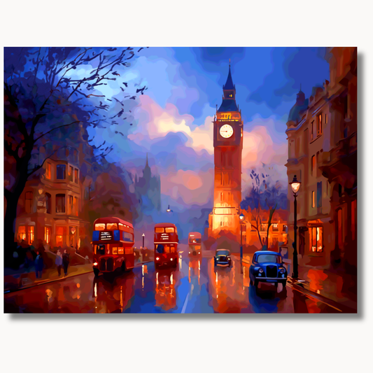 Paint by numbers London street scene with Big Ben, red double decker buses and rainy evening reflections