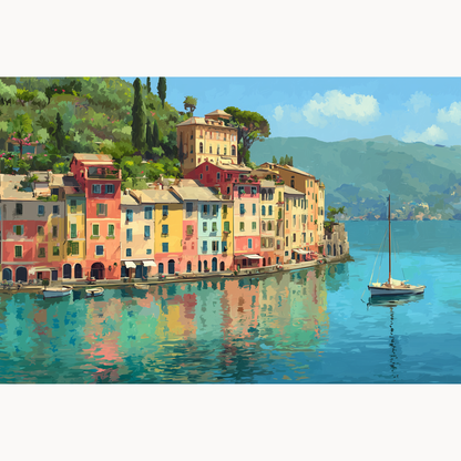 Portofino harbor scene with colorful pastel buildings and reflections on calm blue water paint by numbers design