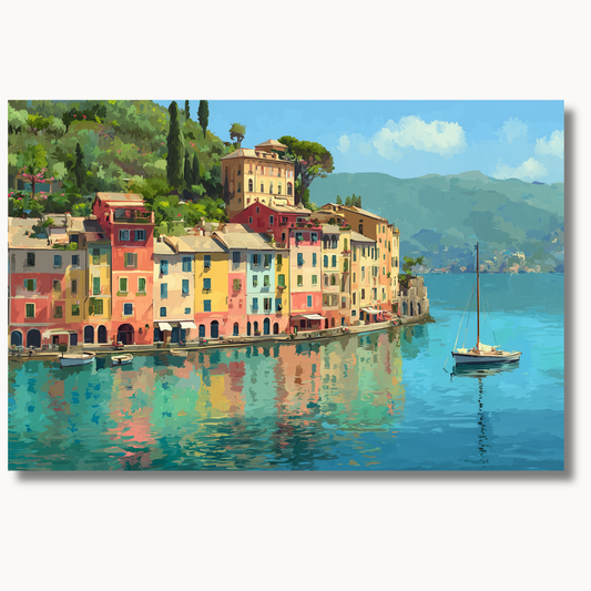 Portofino harbor scene with colorful pastel buildings and reflections on calm blue water paint by numbers design