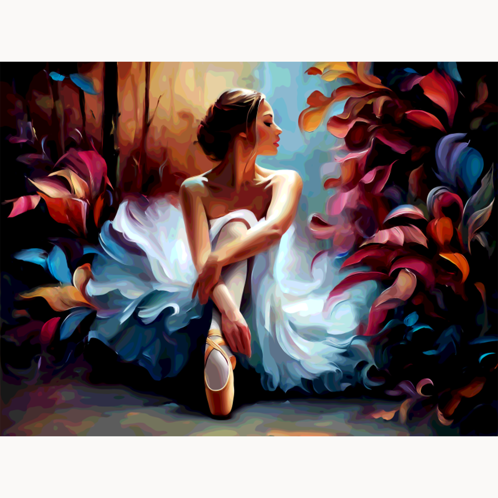 Expressive ballerina in flowing white dress surrounded by rich jewel tones paint by numbers design