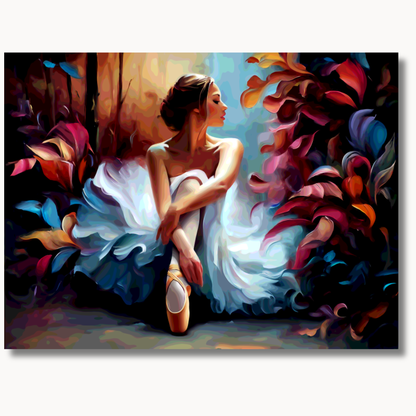 Expressive ballerina in flowing white dress surrounded by rich jewel tones paint by numbers design
