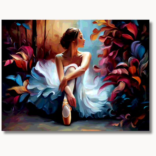 Expressive ballerina in flowing white dress surrounded by rich jewel tones paint by numbers design