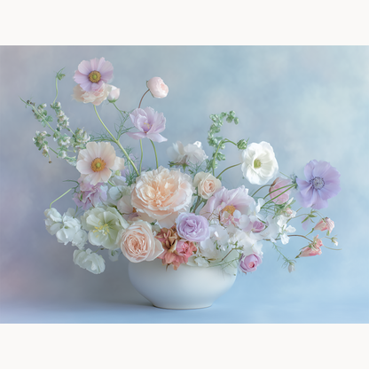 Soft pastel ranunculus and peony bouquet against a powder blue background paint by numbers design