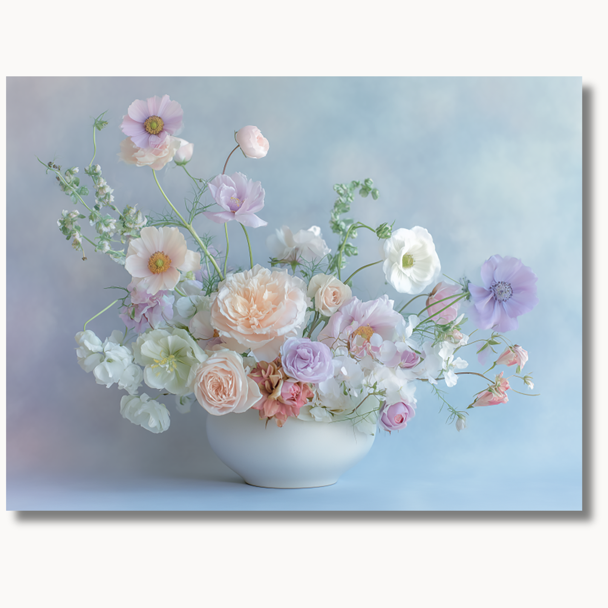 Soft pastel ranunculus and peony bouquet against a powder blue background paint by numbers design