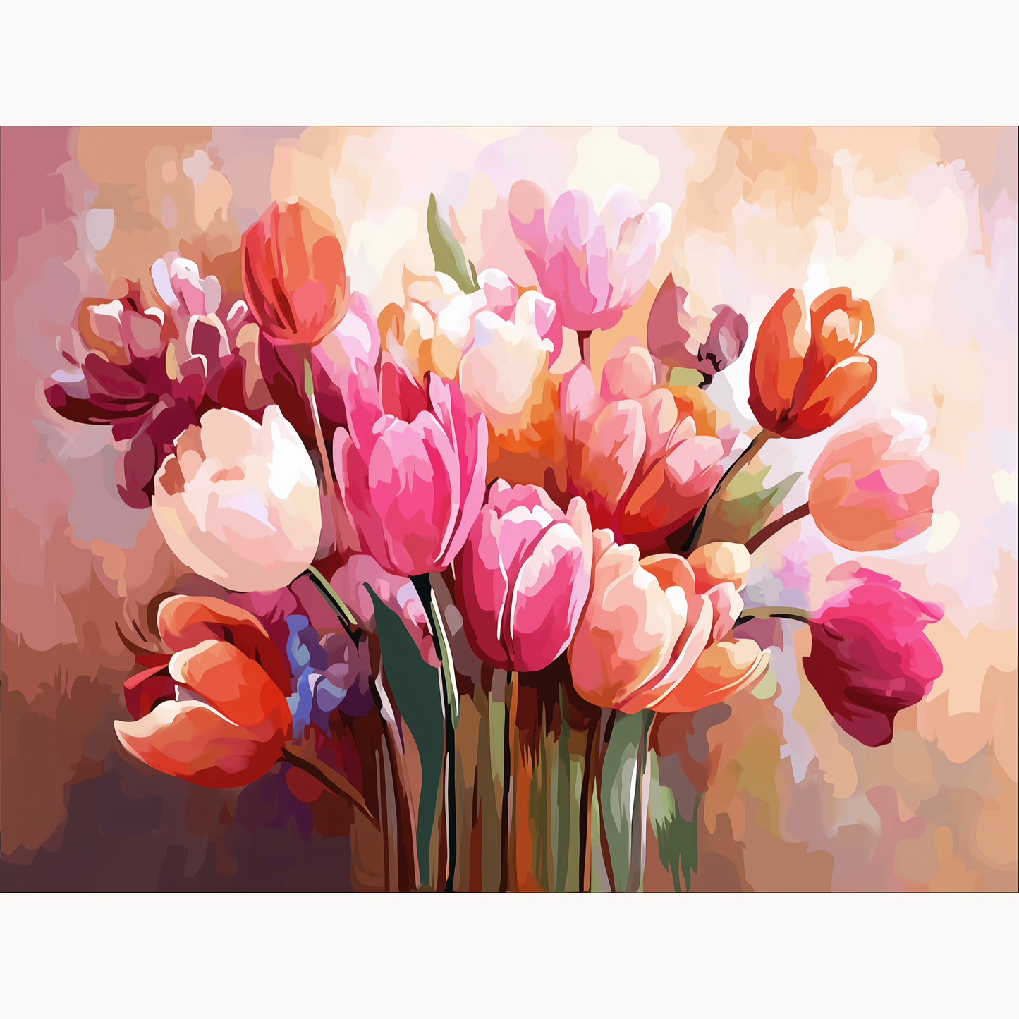 A vibrant bouquet of pink, coral, and cream tulips arranged in a painterly floral composition with soft background tones.