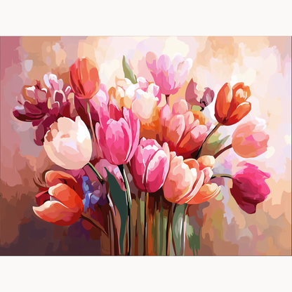 A vibrant bouquet of pink, coral, and cream tulips arranged in a painterly floral composition with soft background tones.