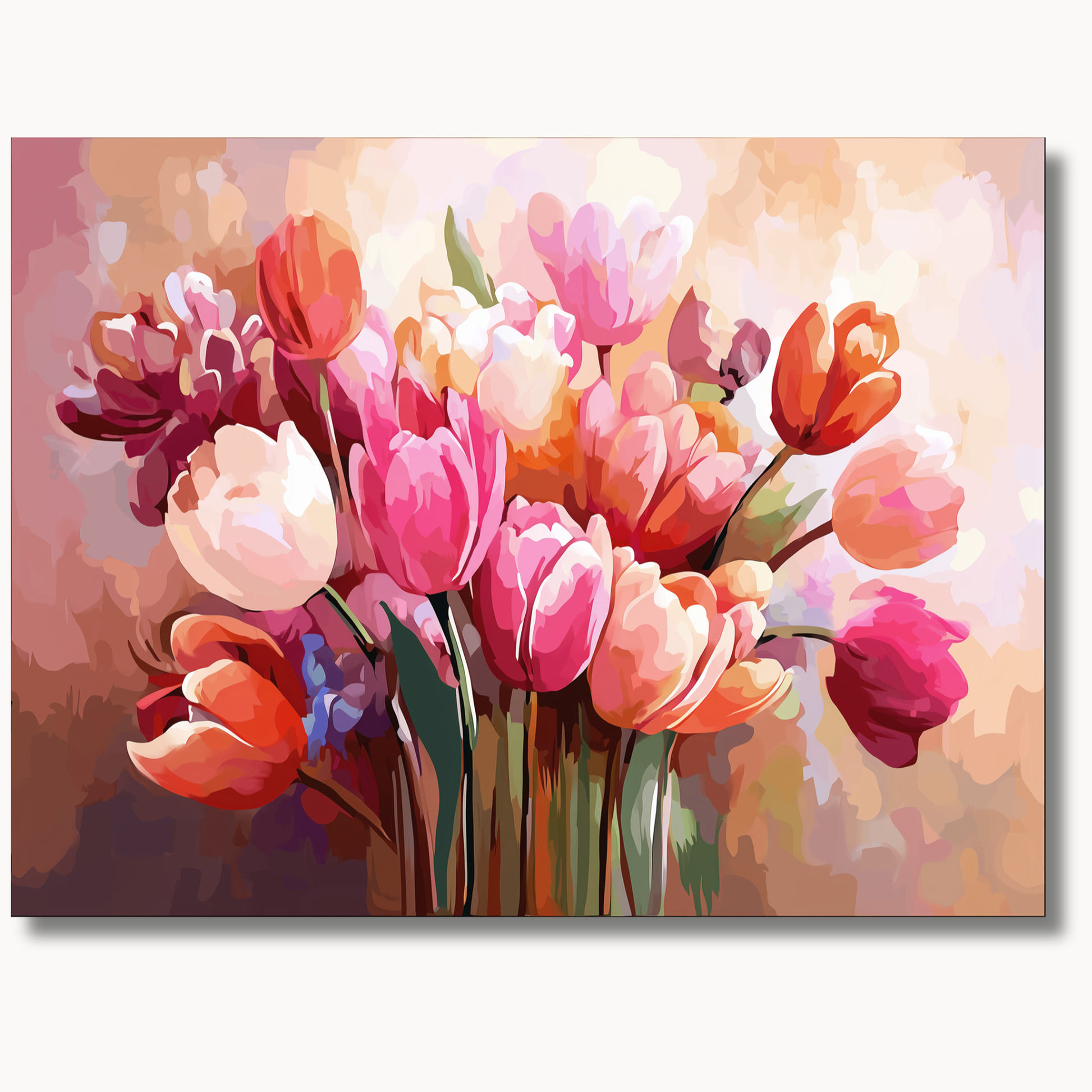 A vibrant bouquet of pink, coral, and cream tulips arranged in a painterly floral composition with soft background tones.