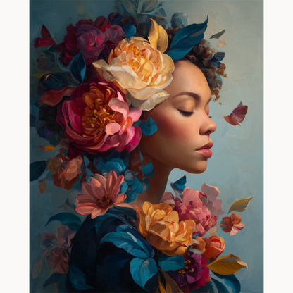 Floral portrait of a serene woman with vibrant blooms in her hair paint by numbers design