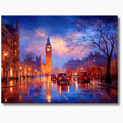 London Big Ben at dusk with red buses and glowing reflections on wet street paint by numbers design