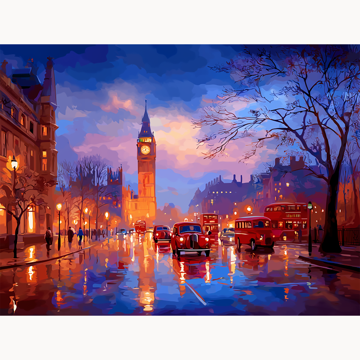 London Big Ben at dusk with red buses and glowing reflections on wet street paint by numbers design